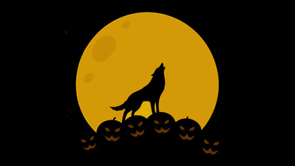 Howling wolf silhouette under full moon with jack-o-lanterns