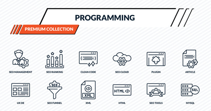programming icons set - seo management, seo ranking, clean code, seo funnel, mysql outline vector collection.