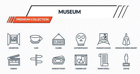 museum icons set - exhibition, cafe, closed, , statue outline vector collection.