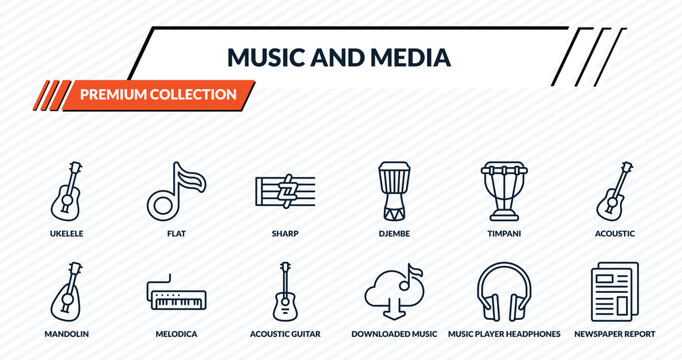 music and media icons set - ukelele, flat, sharp, melodica, newspaper report outline vector collection.