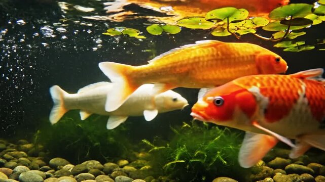Vibrant koi fish gracefully swimming underwater amidst lush green aquatic plants and smooth pebbles