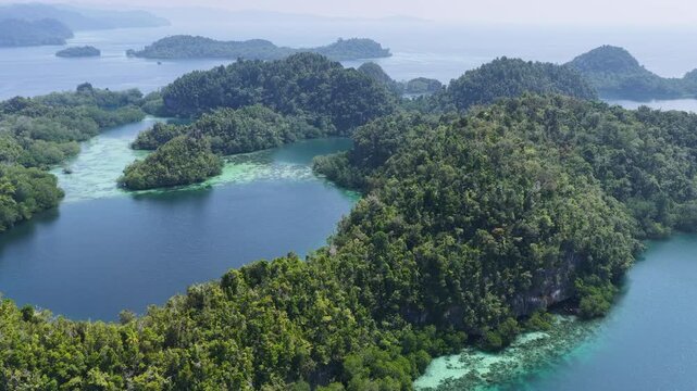 Shallow coral reefs fringe the beautiful islands of Pef, Raja Ampat, Indonesia. This region harbors spectacular marine biological diversity and is a popular destination for divers and snorkelers.