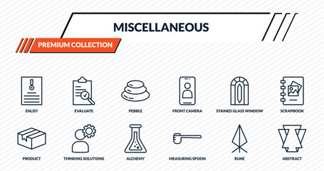miscellaneous icons set - enlist, evaluate, pebble, thinking solutions, abstract outline vector collection.