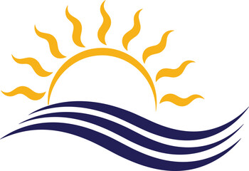 Obraz premium Stylized golden sun rising over blue waves with smooth curves and bold colors, ideal for travel, beach, or eco-themed graphic design.