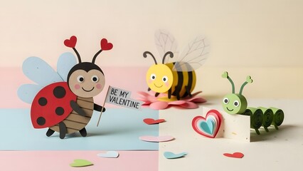 Cute paper ladybug, bee, and caterpillar for Valentine's Day