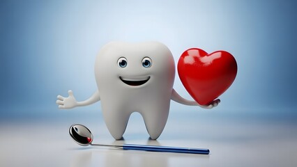Happy cartoon tooth holding a red heart with dental mirror