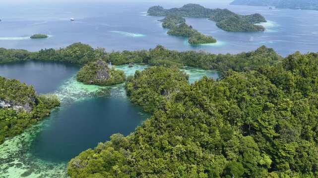 Shallow coral reefs fringe the beautiful islands of Pef, Raja Ampat, Indonesia. This region harbors spectacular marine biological diversity and is a popular destination for divers and snorkelers.