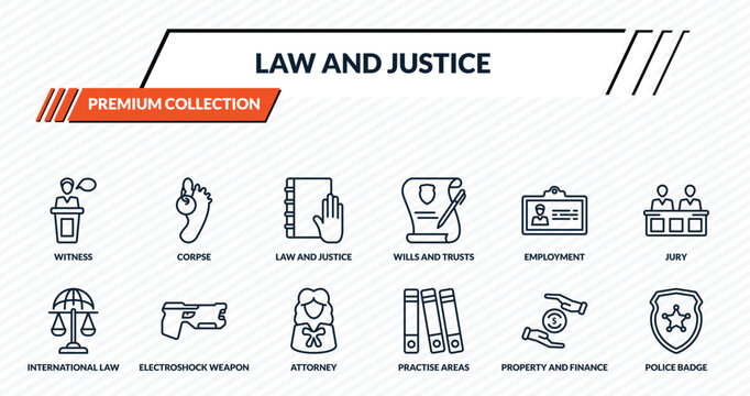 law and justice icons set - witness, corpse, law and justice, electroshock weapon, police badge outline vector collection.