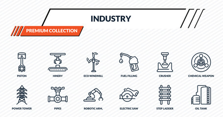 Obraz premium industry icons set - piston, hinery, eco windmill, pipes, oil tank outline vector collection.