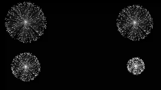 Festive circle fireworks explosion animation with pop up line bursts ellipse rings and shimmering spark effects displayed on dark black background 4K video loop effect