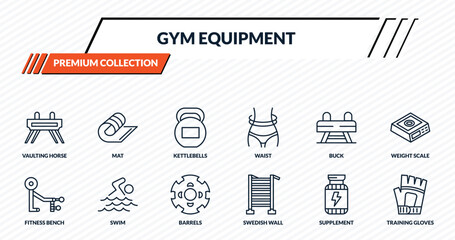 gym equipment icons set - vaulting horse, mat, kettlebells, swim, training gloves outline vector collection. © IconArt