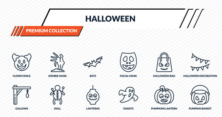 Fototapeta premium halloween icons set - clown smile, zombie hand, bats, doll, pumpkin basket outline vector collection.