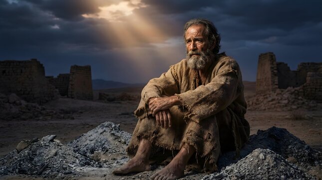 Dramatic portrait of biblical man Job sitting in ashes and sackcloth, expression of suffering and faith, cinematic lighting, religious concept.
