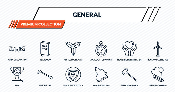 general icons set - party decoration, yearbook, mistletoe leaves, nail puller, chef hat with a pencil outline vector collection.