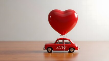 Red toy car with a large heart balloon and "Love" text