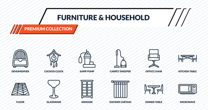 furniture & household icons set - dehumidifier, cuckoo clock, sump pump, glassware, microwave outline vector collection.