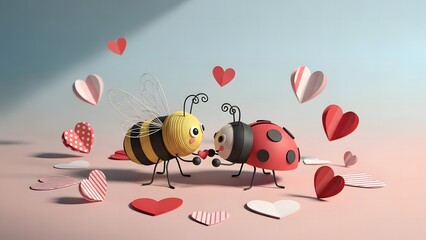 Adorable cartoon bee and ladybug sharing hearts on Valentine's Day.