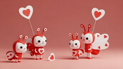 Cute cartoon ladybugs with heart balloons celebrating love on a pink background.