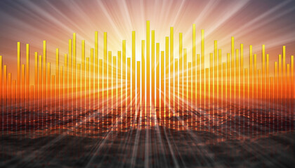 Golden sound wave equalizer rising like sun over abstract digital landscape