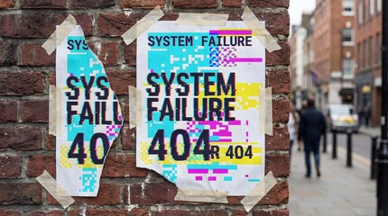 Street Posters Announcing System Failure and 404 Error Glitched with Vibrant Colors and Pixelation on Brick Wall