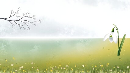 Snowdrop flower in a green field with flowers and bare tree branch