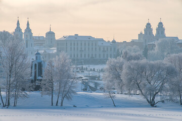 Fototapeta premium The city of Minsk is covered in snow in winter.