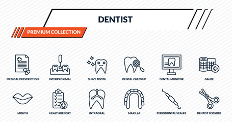 dentist icons set - medical prescription, interproximal, shiny tooth, health report, dentist scissors outline vector collection. © IconArt