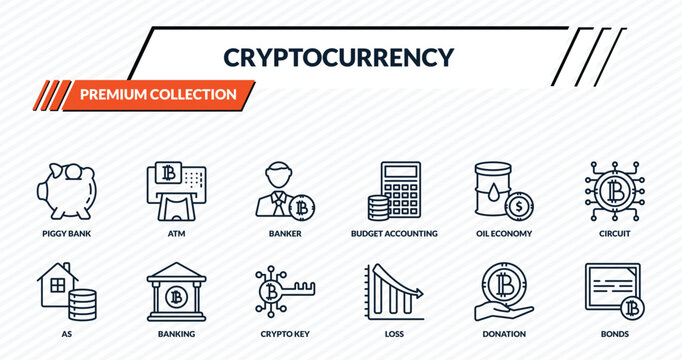 cryptocurrency icons set - piggy bank, atm, banker, banking, bonds outline vector collection.