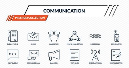 communication icons set - public phone, emails, hands free, receiving email, writing letter outline vector collection. © IconArt
