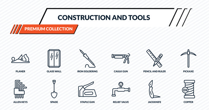 construction and tools icons set - planer, glass wall, iron soldering, spade, copper outline vector collection.