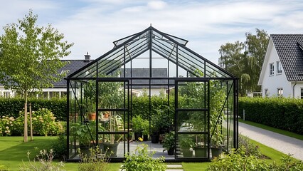 Obraz premium Beautiful modern glass greenhouse in a well maintained garden with lush greenery and various plants