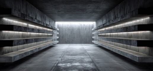 Obraz premium Dark concrete hall with shelves illuminated with light strips, perspective view