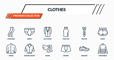 clothes icons set - stockings, briefs, suit jacket, jogging jacket, turtleneck outline vector collection. © IconArt