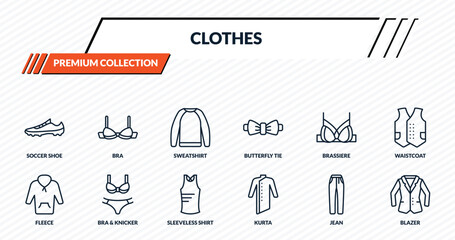 clothes icons set - soccer shoe, bra, sweatshirt, bra & knicker, blazer outline vector collection. © IconArt