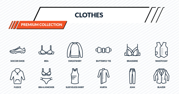 clothes icons set - soccer shoe, bra, sweatshirt, bra & knicker, blazer outline vector collection.