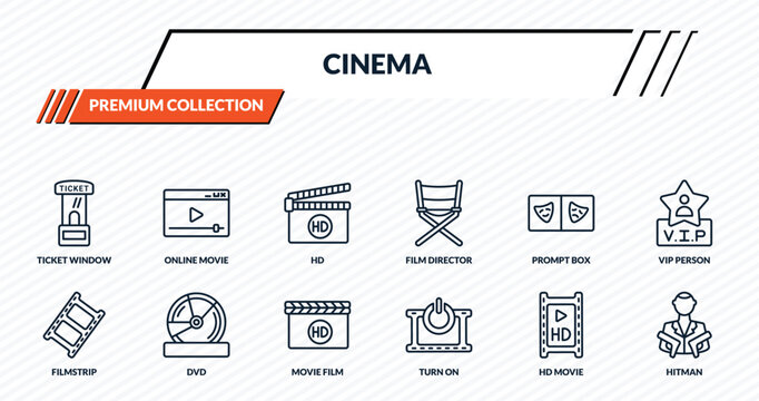 cinema icons set - ticket window, online movie, hd, dvd, hitman outline vector collection.