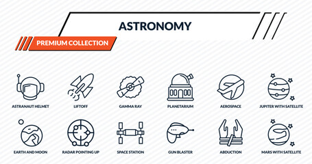 astronomy icons set - astranaut helmet, liftoff, gamma ray, radar pointing up, mars with satellite outline vector collection. © IconArt