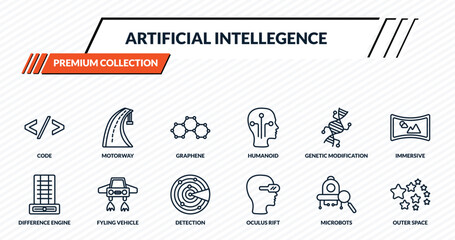 artificial intellegence icons set - code, motorway, graphene, fyling vehicle, outer space outline vector collection. © IconArt