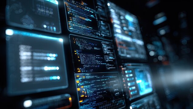 Array of glowing blue data displays, code, and charts with blurred background