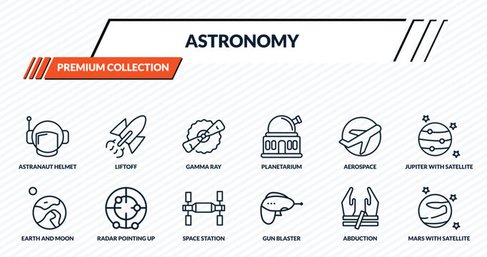 astronomy icons set - astranaut helmet, liftoff, gamma ray, radar pointing up, mars with satellite outline vector collection.