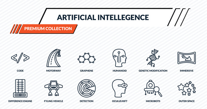 artificial intellegence icons set - code, motorway, graphene, fyling vehicle, outer space outline vector collection.