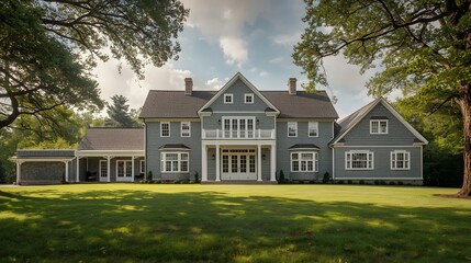 Grand modern farmhouse estate with white exterior, green lawn, luxury residence, architectural design, sunny daylight, countryside living, upscale home