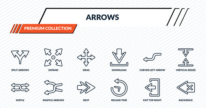 arrows icons set - split arrows, expand, drag, shuffle arrows, backspace outline vector collection.