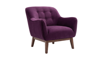 A comfortable and stylish deep purple armchair featuring a tufted back, plush cushioning, and dark wooden legs. Transparent background allows for easy integration.