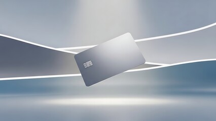 A sleek silver credit card floating against an abstract grey and white background with glowing lines.