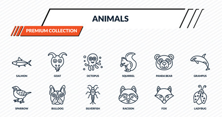 animals icons set - salmon, goat, octopus, bulldog, ladybug outline vector collection. © IconArt