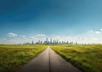 Road leads to cityscape over grassy field, bright sky