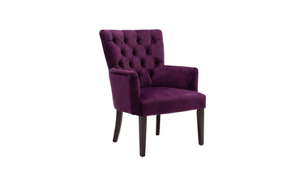 Fototapeta premium A stylish armchair featuring plush, deep purple velvet upholstery with intricate tufting, supported by dark, tapered wooden legs. Isolated on a transparent background for versatile use.