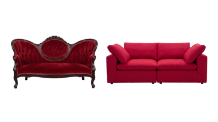 A comparison of two different styles of red seating furniture. An ornate Victorian-era settee sits next to a contemporary blocky sofa, both isolated on a transparent background.