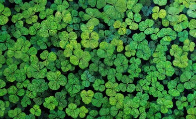Dense field of vibrant green clovers with soft shadows